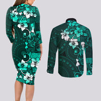 Fiji Masi Couples Matching Long Sleeve Bodycon Dress and Long Sleeve Button Shirt Fijian Hibiscus Tapa Turquoise Version LT01 - Polynesian Pride