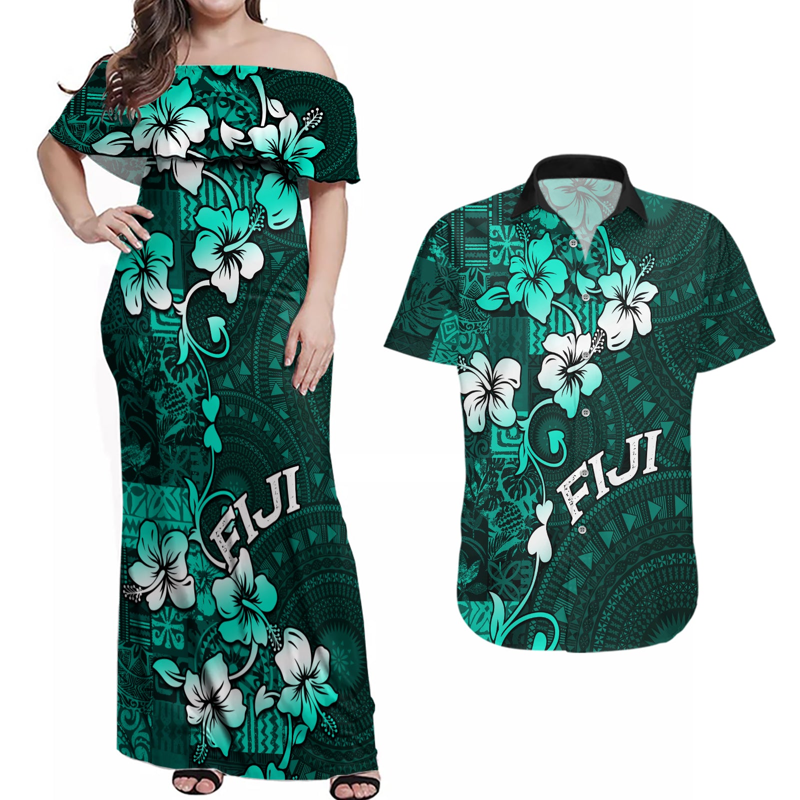 Fiji Masi Couples Matching Off Shoulder Maxi Dress and Hawaiian Shirt Fijian Hibiscus Tapa Turquoise Version LT01 Turquoise - Polynesian Pride