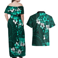 Fiji Masi Couples Matching Off Shoulder Maxi Dress and Hawaiian Shirt Fijian Hibiscus Tapa Turquoise Version LT01 - Polynesian Pride