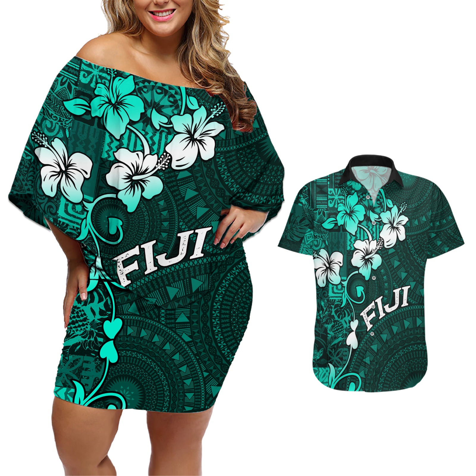 Fiji Masi Couples Matching Off Shoulder Short Dress and Hawaiian Shirt Fijian Hibiscus Tapa Turquoise Version LT01 Turquoise - Polynesian Pride