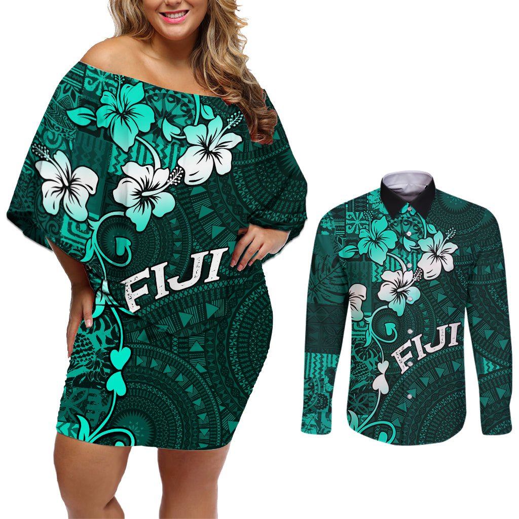 Fiji Masi Couples Matching Off Shoulder Short Dress and Long Sleeve Button Shirt Fijian Hibiscus Tapa Turquoise Version LT01 Turquoise - Polynesian Pride