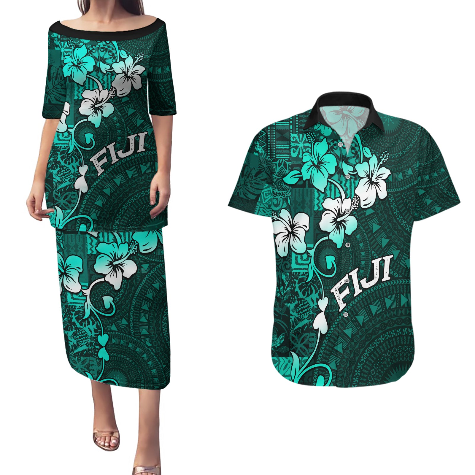 Fiji Masi Couples Matching Puletasi Dress and Hawaiian Shirt Fijian Hibiscus Tapa Turquoise Version LT01 Turquoise - Polynesian Pride