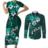 Fiji Masi Couples Matching Short Sleeve Bodycon Dress and Long Sleeve Button Shirt Fijian Hibiscus Tapa Turquoise Version LT01 Turquoise - Polynesian Pride
