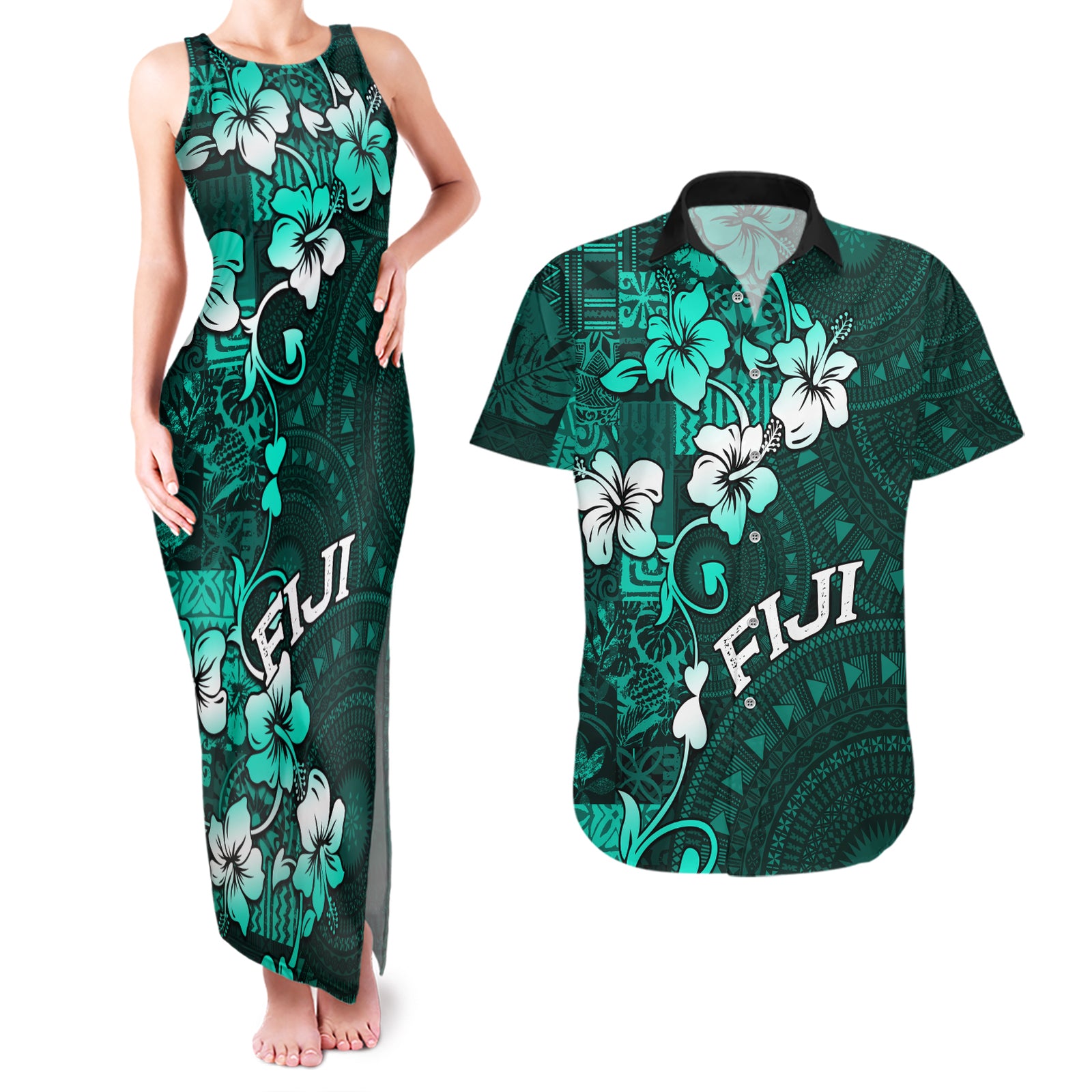Fiji Masi Couples Matching Tank Maxi Dress and Hawaiian Shirt Fijian Hibiscus Tapa Turquoise Version LT01 Turquoise - Polynesian Pride