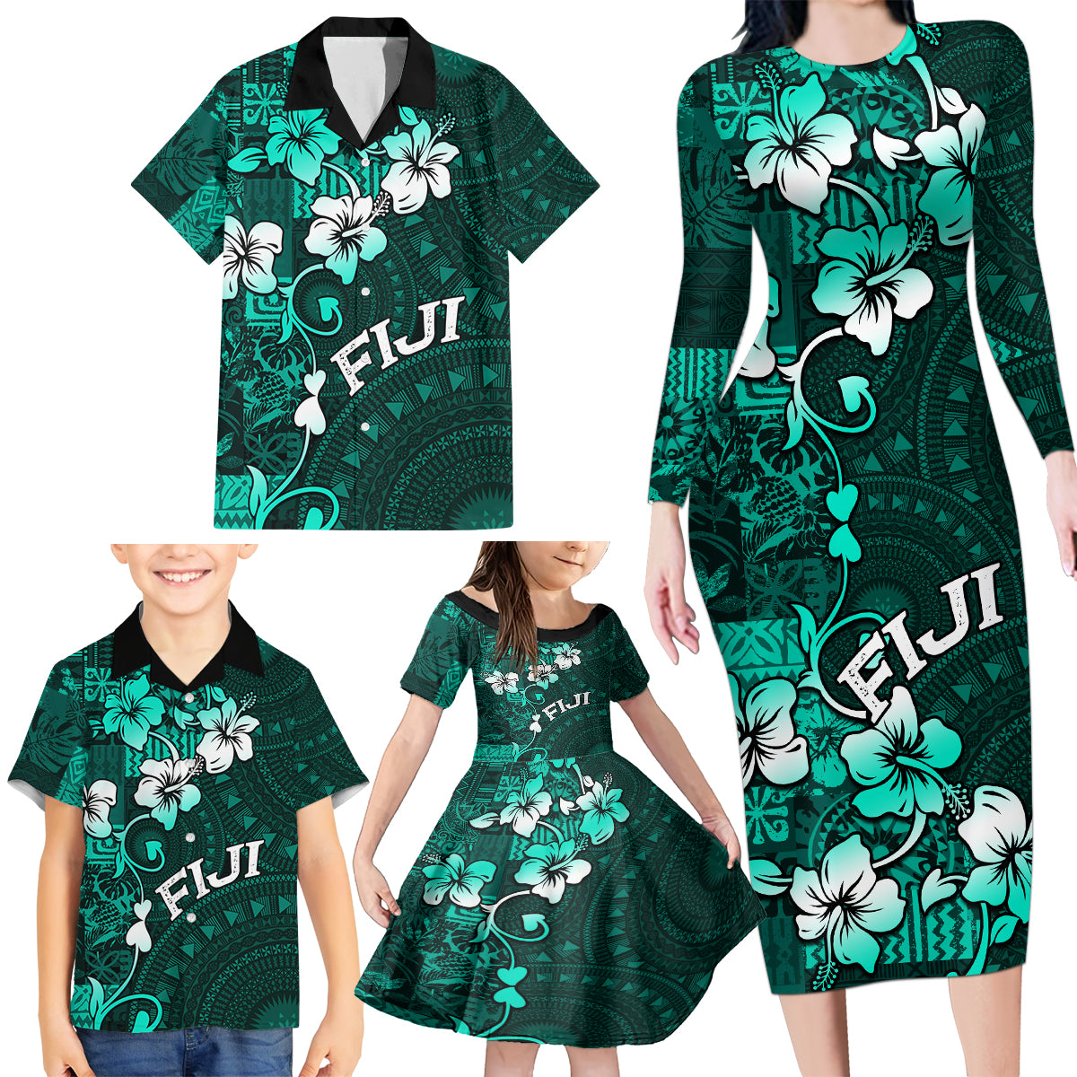 Fiji Masi Family Matching Long Sleeve Bodycon Dress and Hawaiian Shirt Fijian Hibiscus Tapa Turquoise Version LT01 - Polynesian Pride