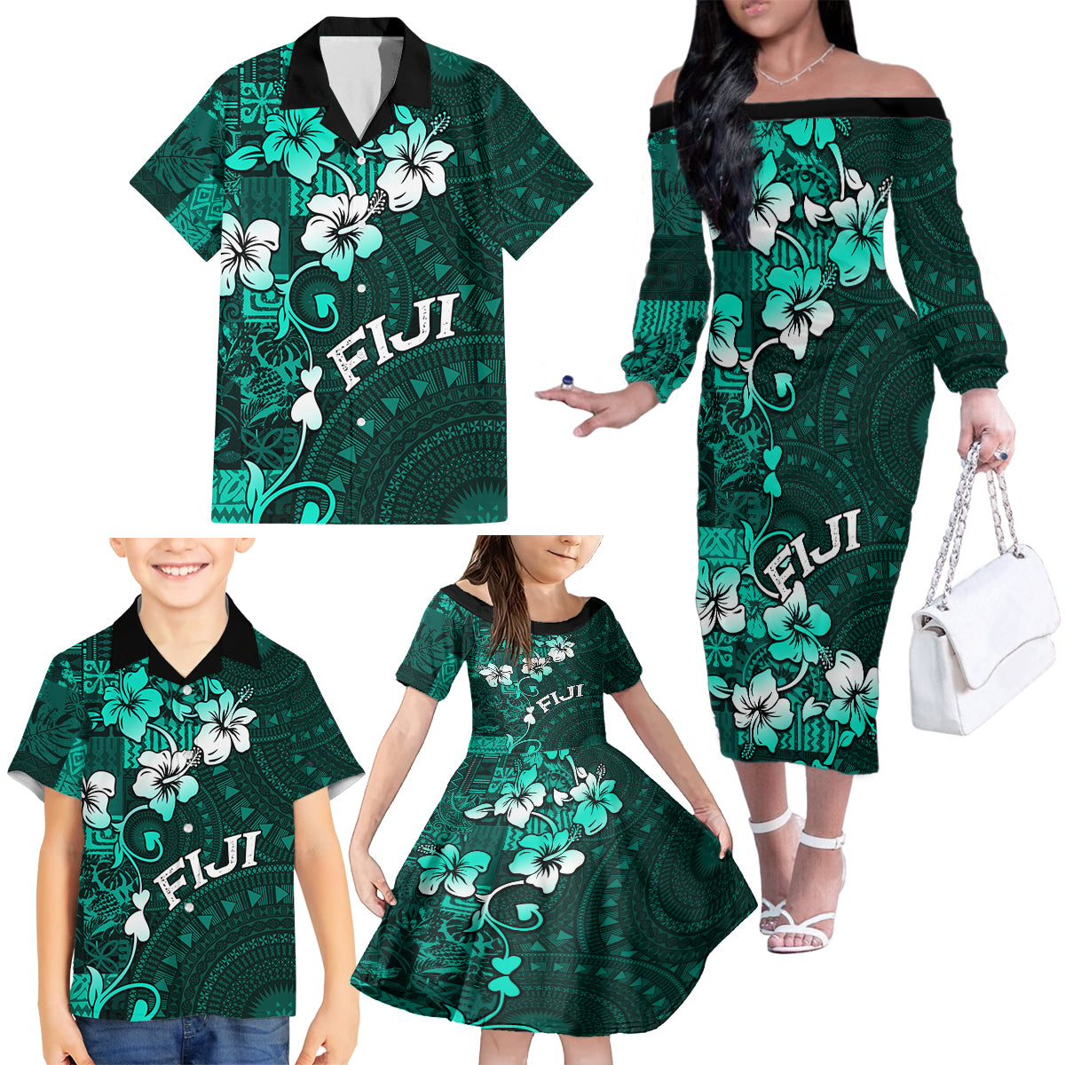 Fiji Masi Family Matching Off Shoulder Long Sleeve Dress and Hawaiian Shirt Fijian Hibiscus Tapa Turquoise Version LT01 - Polynesian Pride