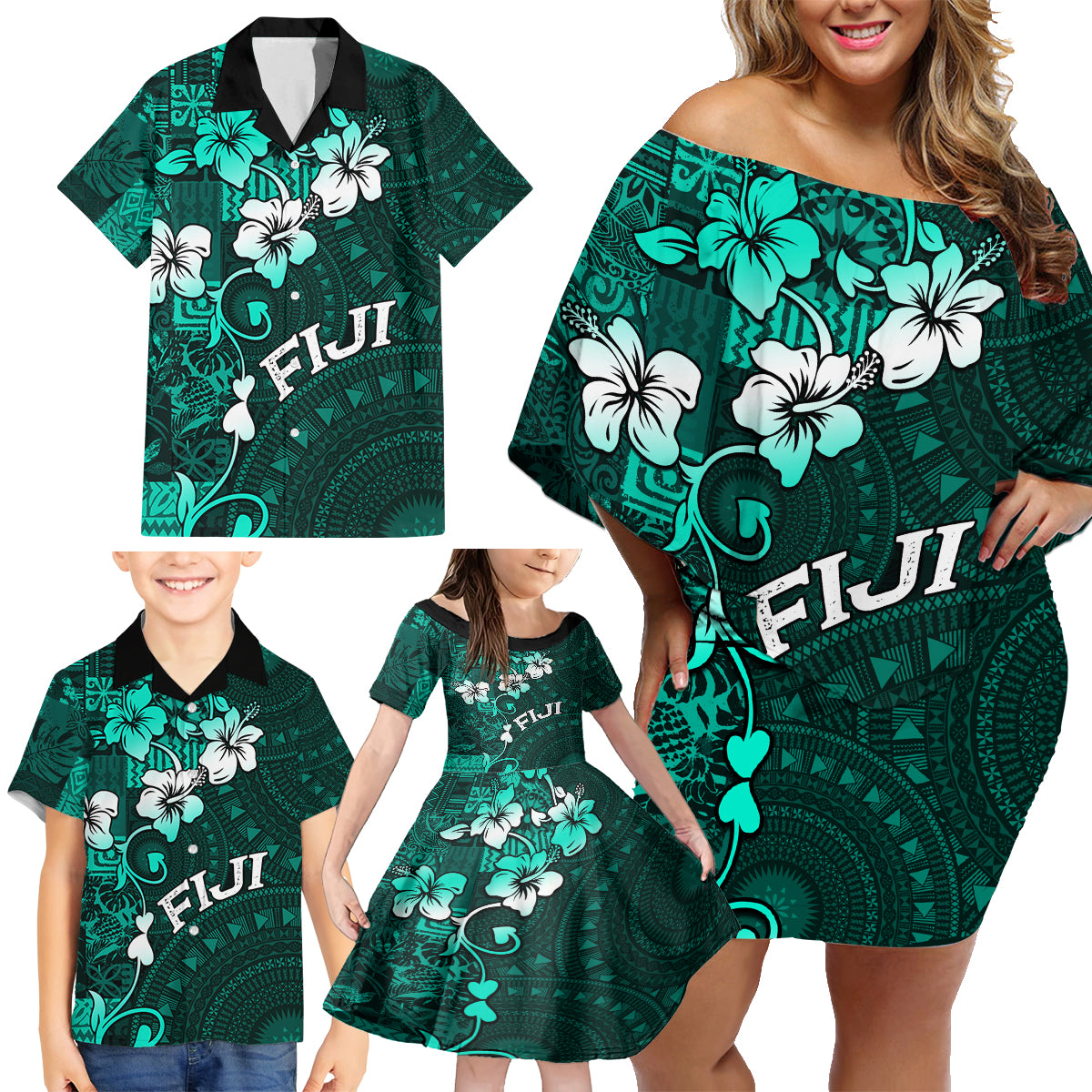 Fiji Masi Family Matching Off Shoulder Short Dress and Hawaiian Shirt Fijian Hibiscus Tapa Turquoise Version LT01 - Polynesian Pride