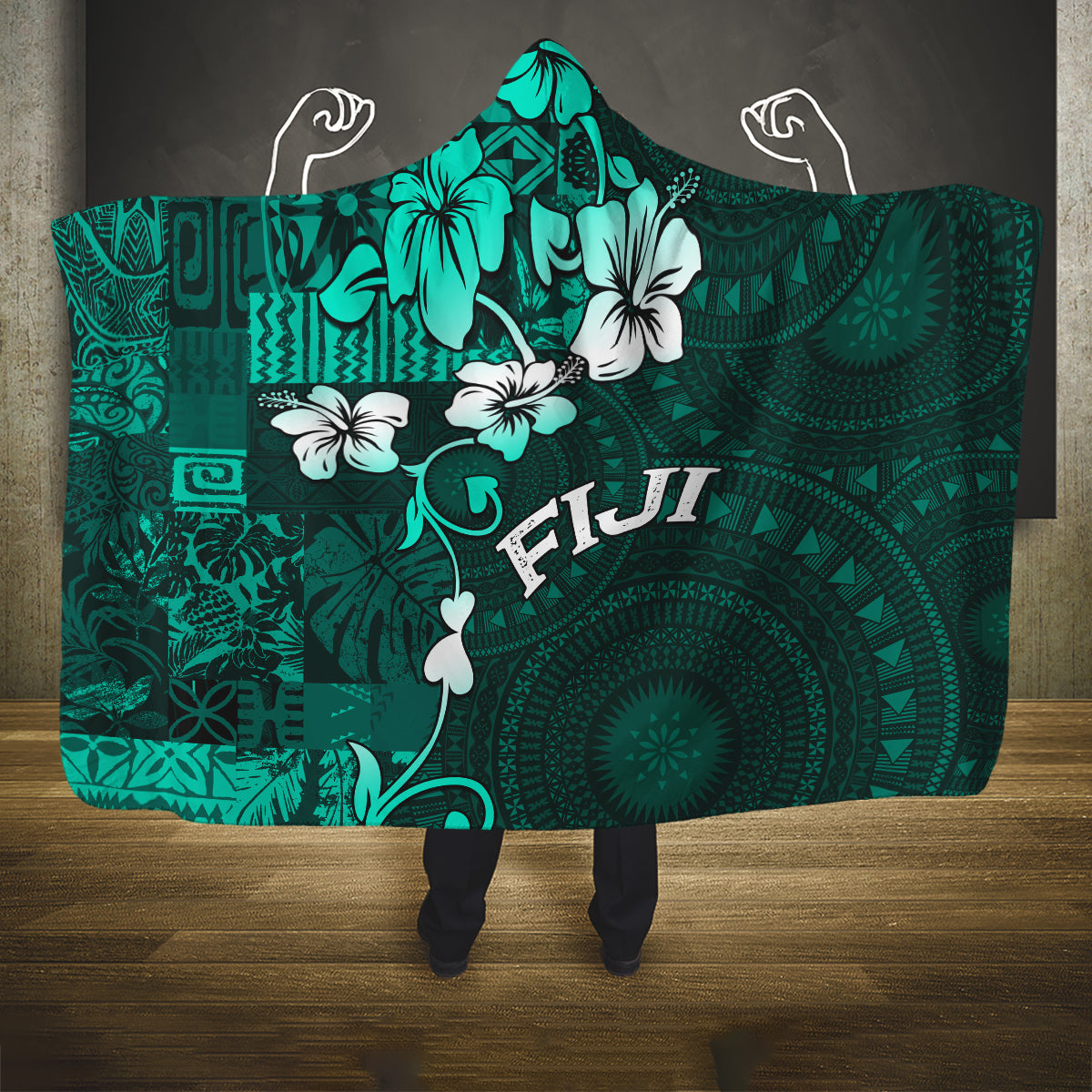 Fiji Masi Hooded Blanket Fijian Hibiscus Tapa Turquoise Version LT01 One Size Turquoise - Polynesian Pride