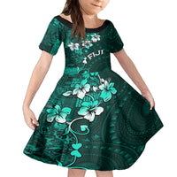 Fiji Masi Kid Short Sleeve Dress Fijian Hibiscus Tapa Turquoise Version LT01 KID Turquoise - Polynesian Pride