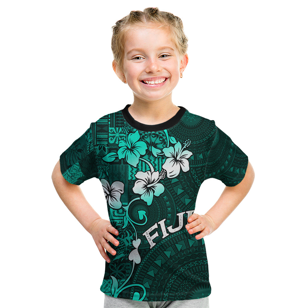 Fiji Masi Kid T Shirt Fijian Hibiscus Tapa Turquoise Version LT01 Turquoise - Polynesian Pride