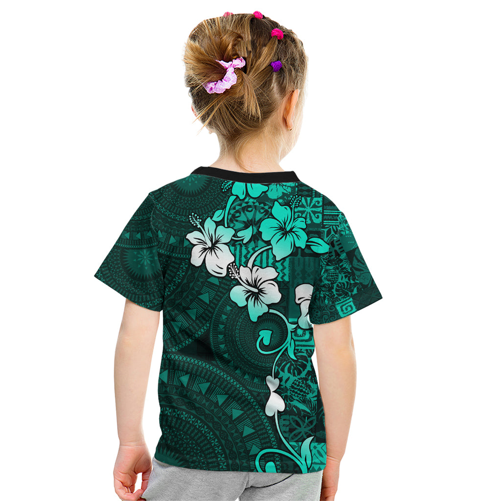 Fiji Masi Kid T Shirt Fijian Hibiscus Tapa Turquoise Version LT01 - Polynesian Pride