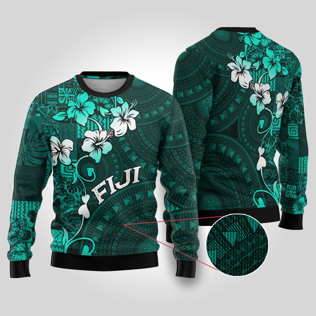 Fiji Masi Ugly Christmas Sweater Fijian Hibiscus Tapa Turquoise Version LT01 Turquoise - Polynesian Pride