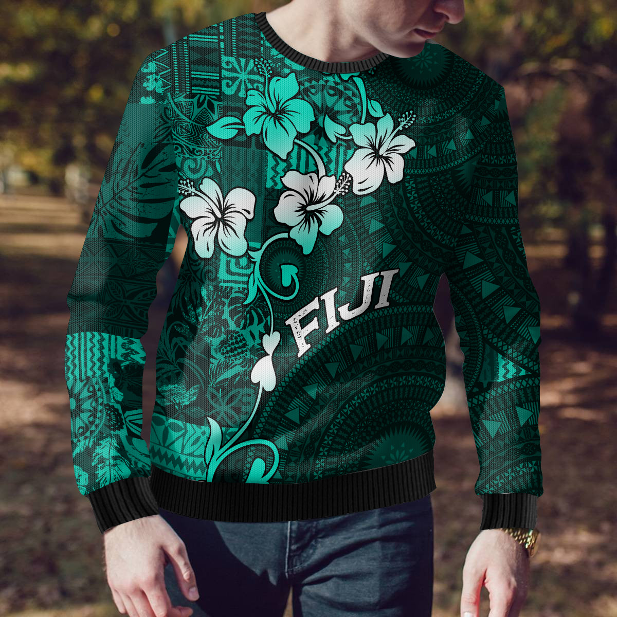 Fiji Masi Ugly Christmas Sweater Fijian Hibiscus Tapa Turquoise Version LT01 - Polynesian Pride