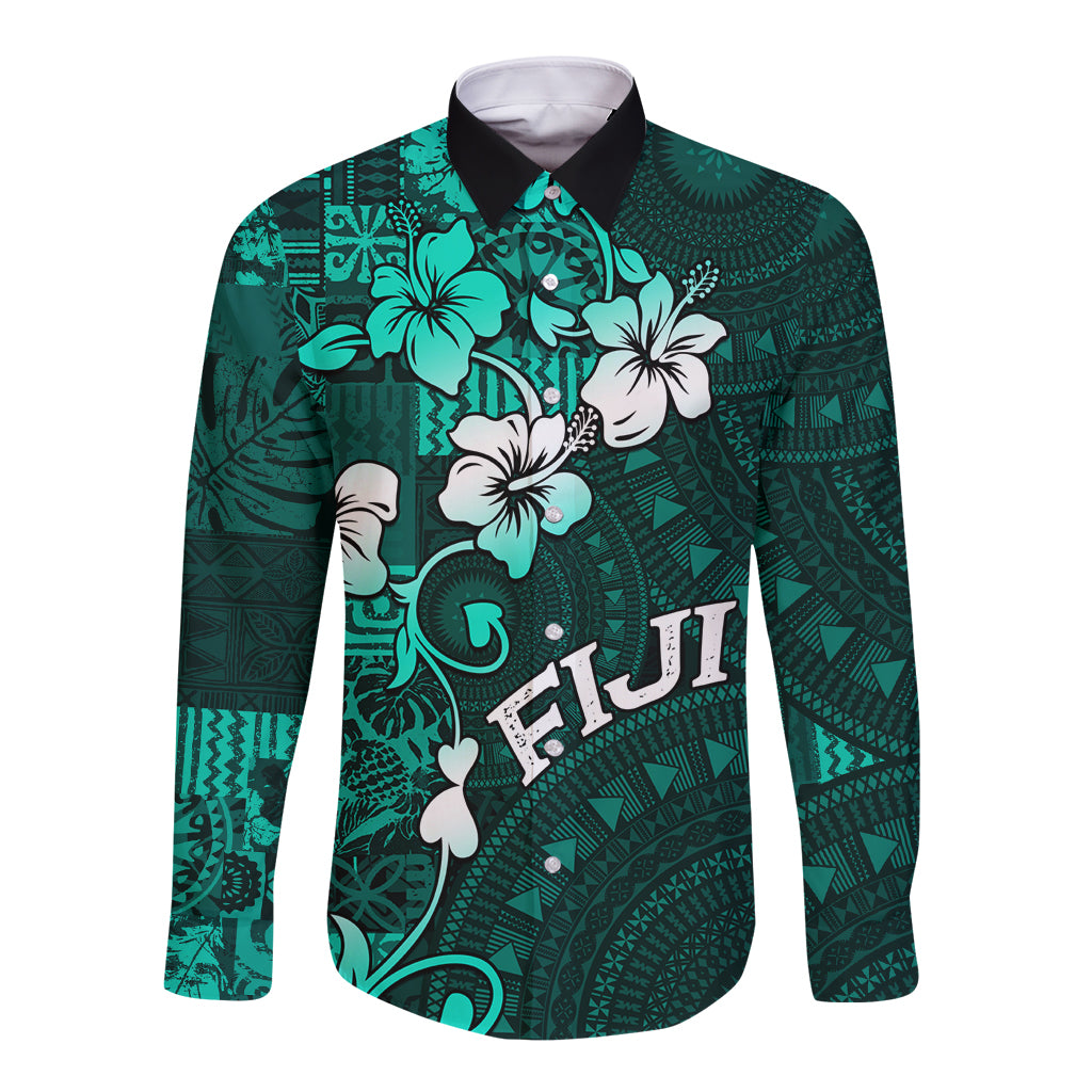 Fiji Masi Long Sleeve Button Shirt Fijian Hibiscus Tapa Turquoise Version LT01 Unisex Turquoise - Polynesian Pride