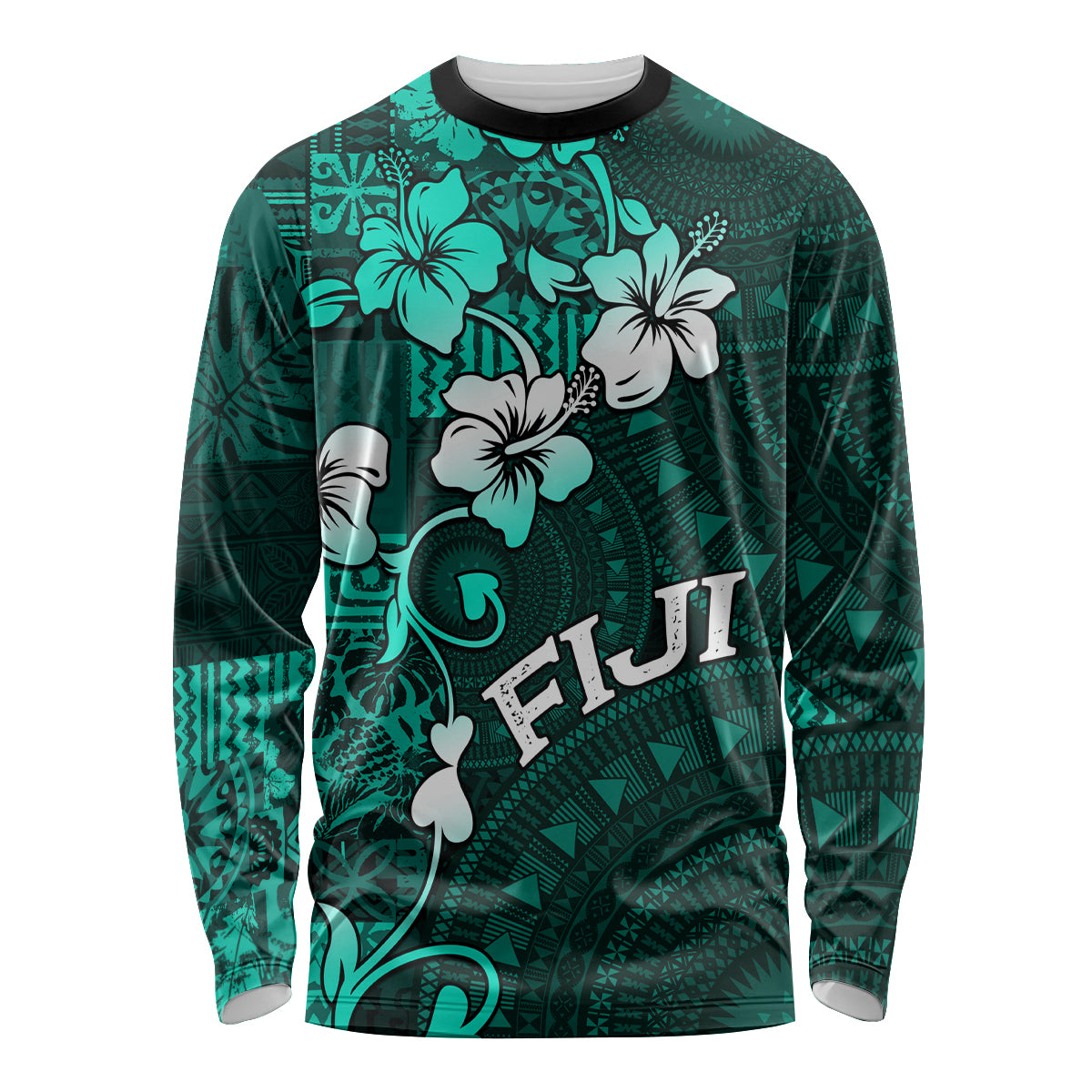 Fiji Masi Long Sleeve Shirt Fijian Hibiscus Tapa Turquoise Version LT01 Unisex Turquoise - Polynesian Pride