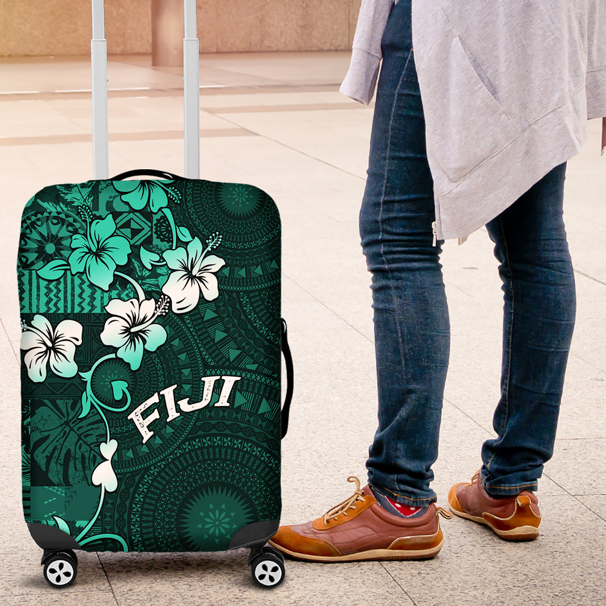 Fiji Masi Luggage Cover Fijian Hibiscus Tapa Turquoise Version LT01 Turquoise - Polynesian Pride