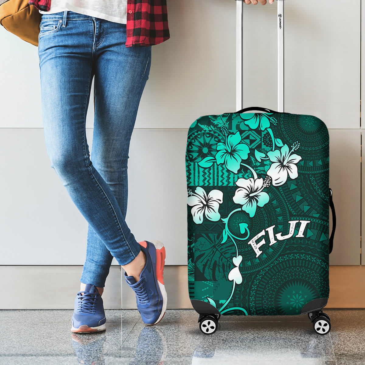 Fiji Masi Luggage Cover Fijian Hibiscus Tapa Turquoise Version LT01 - Polynesian Pride