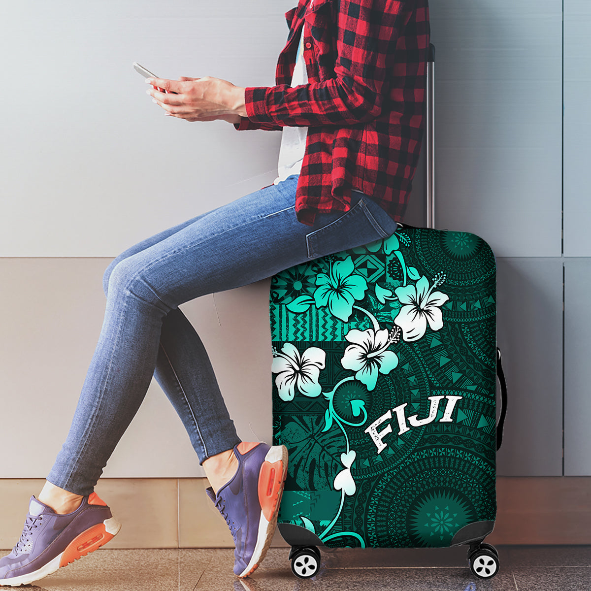 Fiji Masi Luggage Cover Fijian Hibiscus Tapa Turquoise Version LT01 - Polynesian Pride