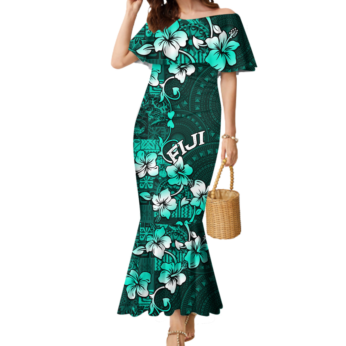 Fiji Masi Mermaid Dress Fijian Hibiscus Tapa Turquoise Version LT01 Women Turquoise - Polynesian Pride