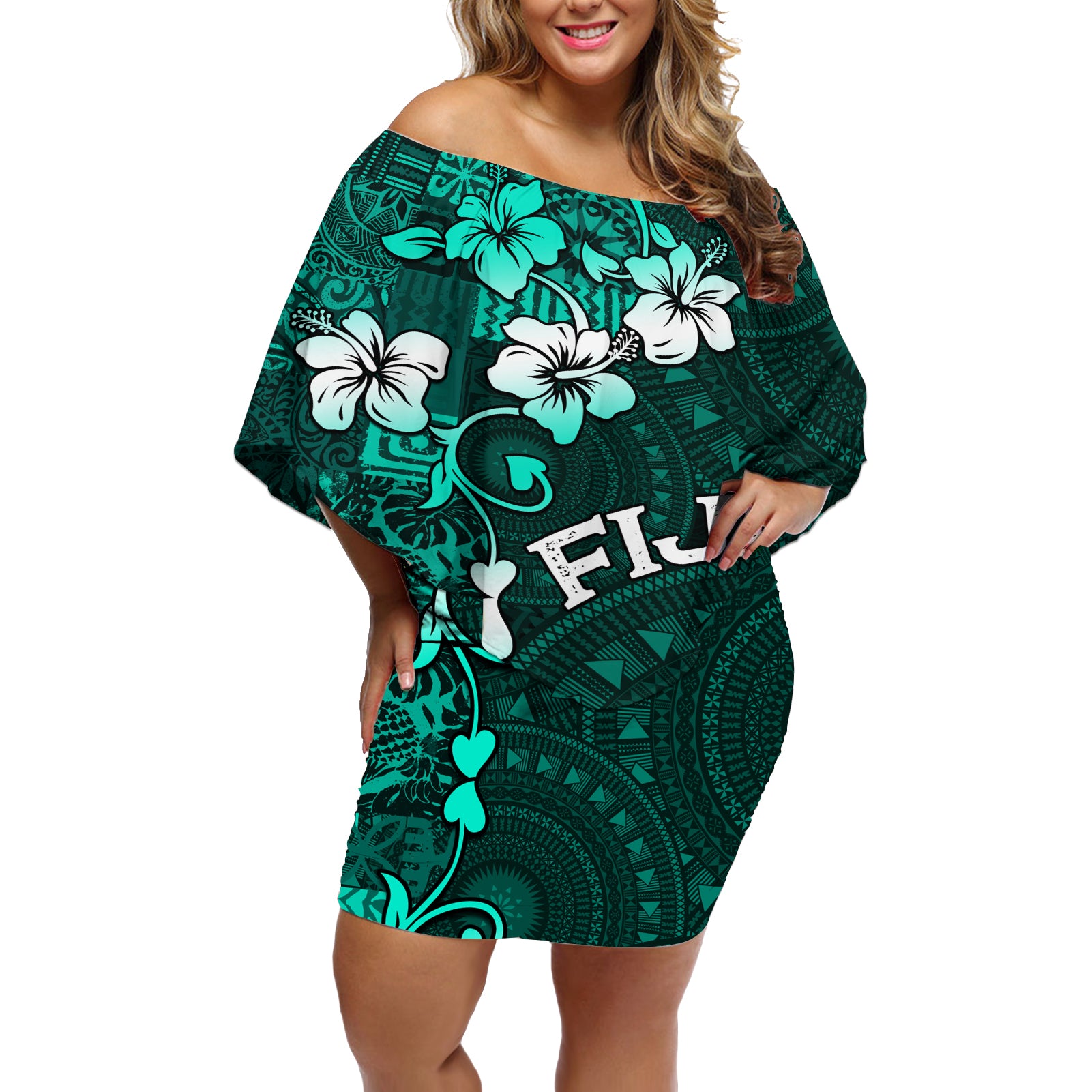 Fiji Masi Off Shoulder Short Dress Fijian Hibiscus Tapa Turquoise Version LT01 Women Turquoise - Polynesian Pride