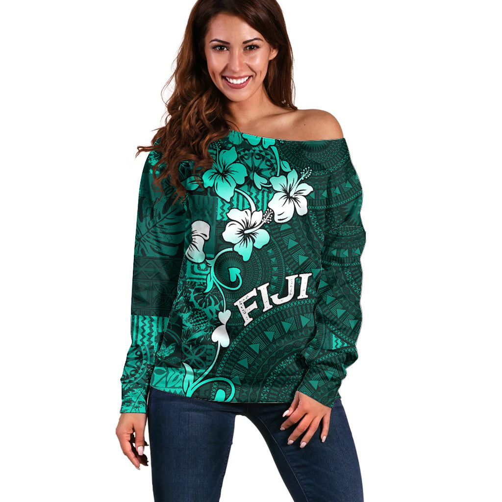 Fiji Masi Off Shoulder Sweater Fijian Hibiscus Tapa Turquoise Version LT01 Women Turquoise - Polynesian Pride