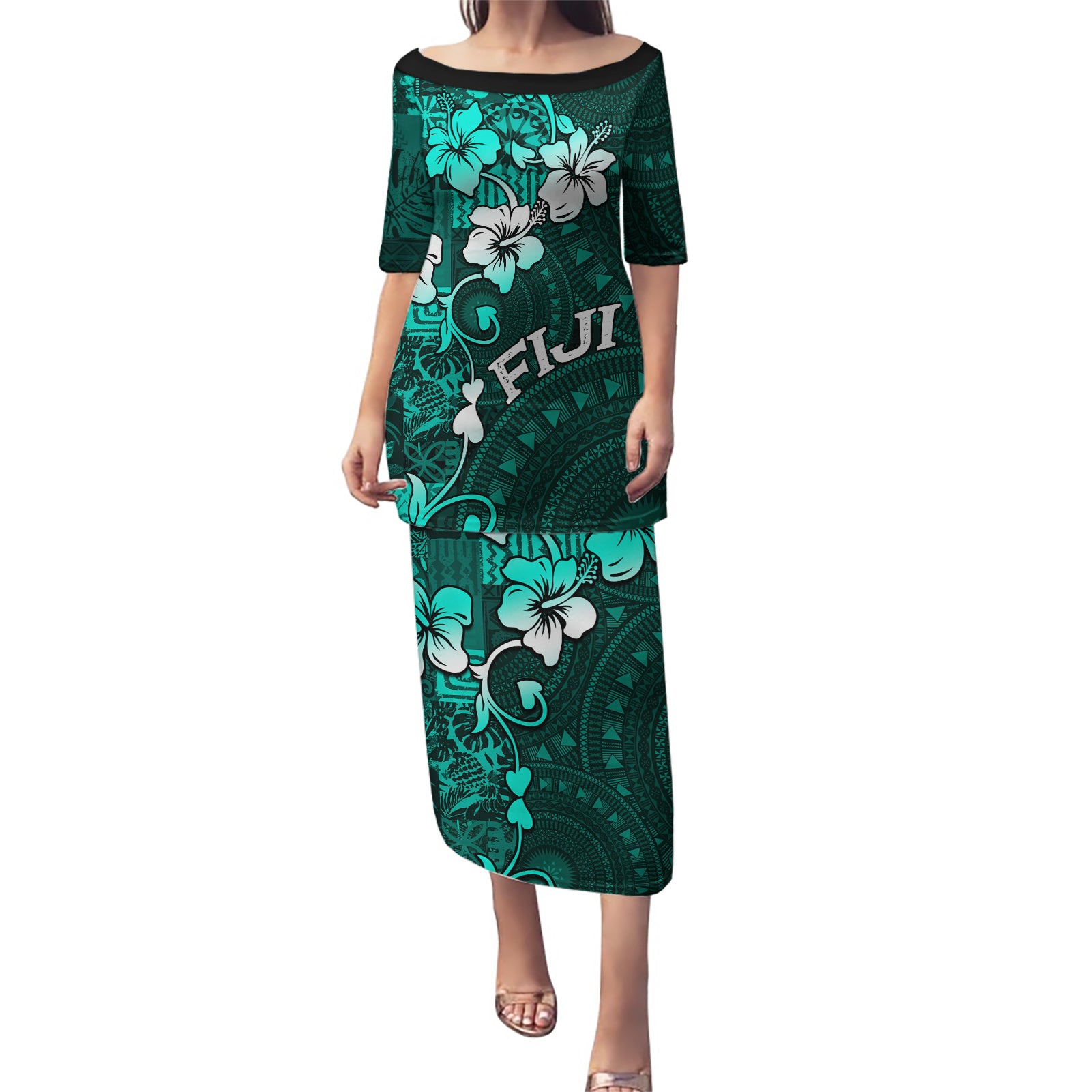 Fiji Masi Puletasi Fijian Hibiscus Tapa Turquoise Version LT01 Long Dress Turquoise - Polynesian Pride