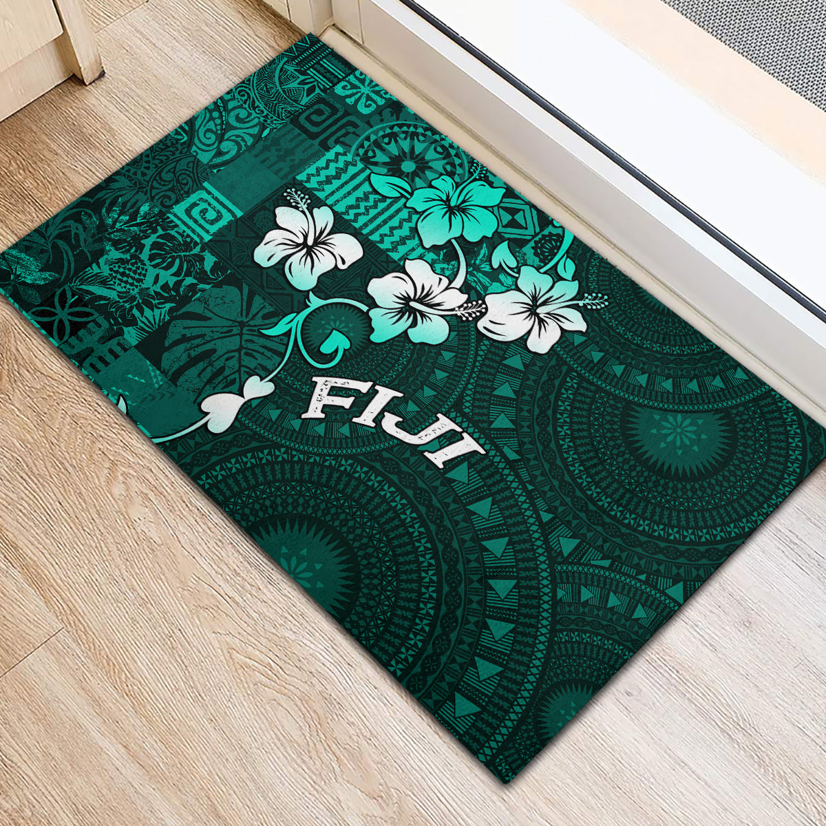 Fiji Masi Rubber Doormat Fijian Hibiscus Tapa Turquoise Version LT01 - Polynesian Pride