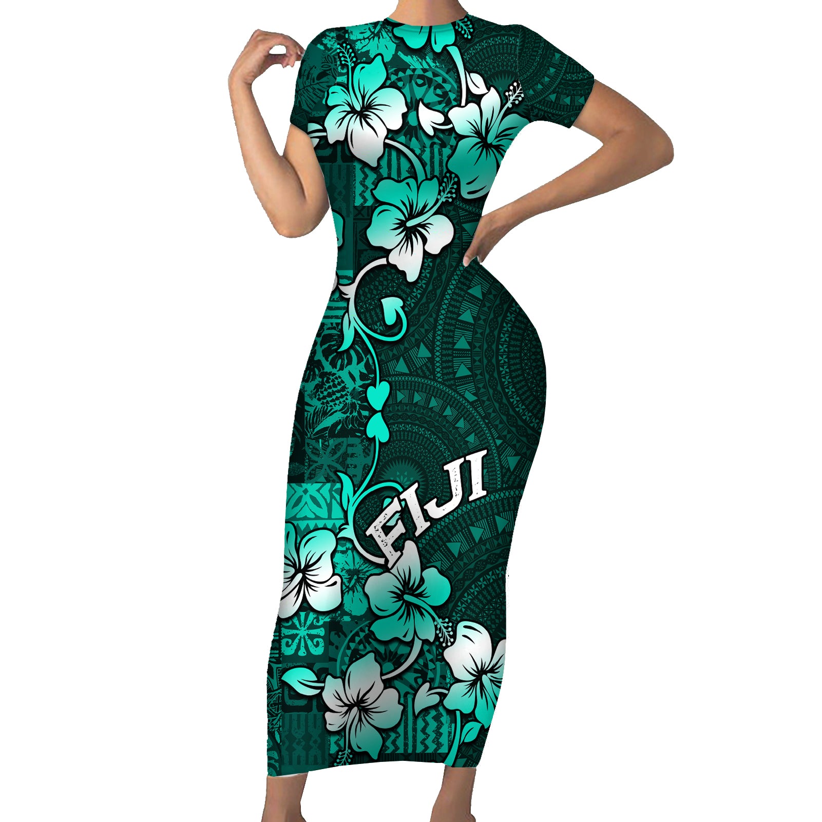 Fiji Masi Short Sleeve Bodycon Dress Fijian Hibiscus Tapa Turquoise Version LT01 Long Dress Turquoise - Polynesian Pride