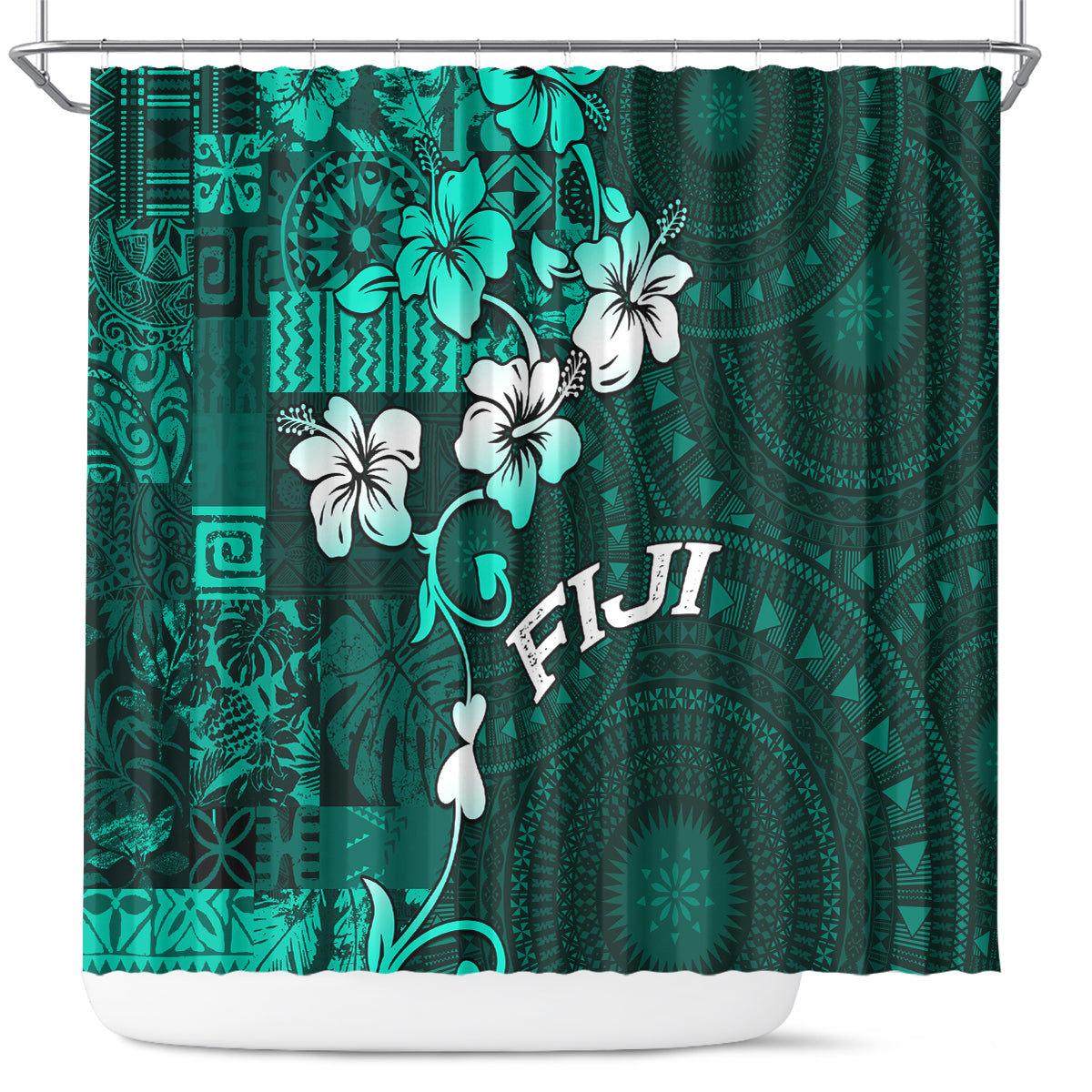 Fiji Masi Shower Curtain Fijian Hibiscus Tapa Turquoise Version LT01 Turquoise - Polynesian Pride