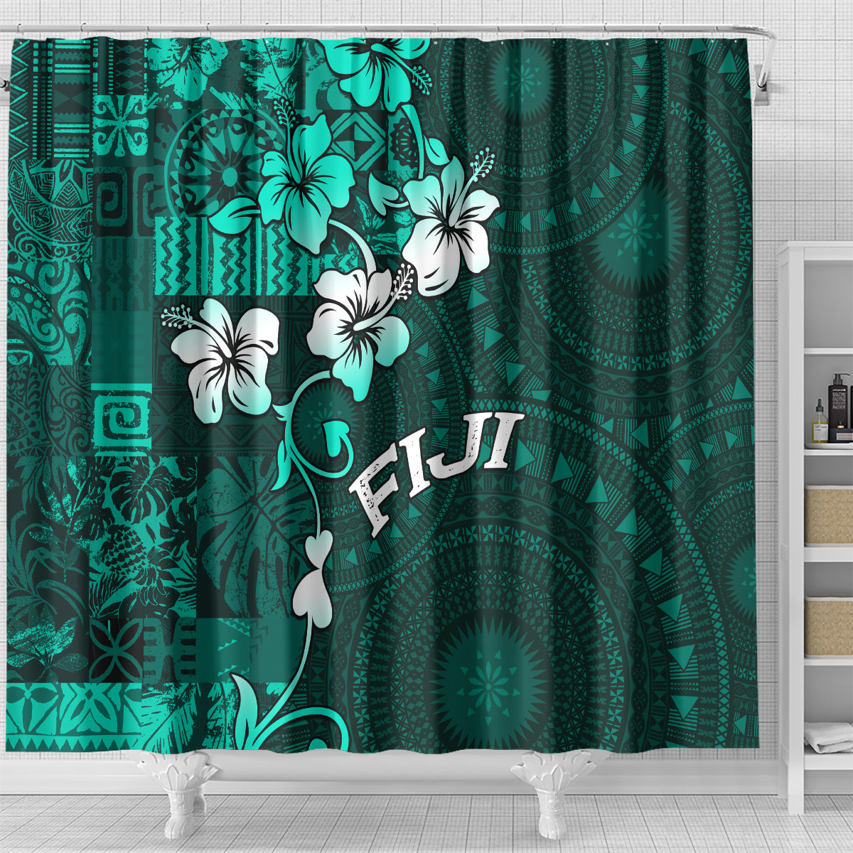 Fiji Masi Shower Curtain Fijian Hibiscus Tapa Turquoise Version LT01 - Polynesian Pride
