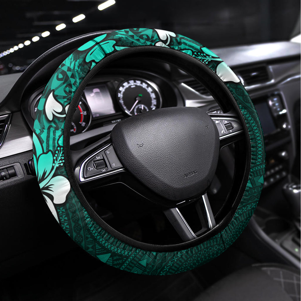 Fiji Masi Steering Wheel Cover Fijian Hibiscus Tapa Turquoise Version