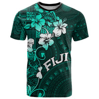 Fiji Masi T Shirt Fijian Hibiscus Tapa Turquoise Version LT01 Turquoise - Polynesian Pride