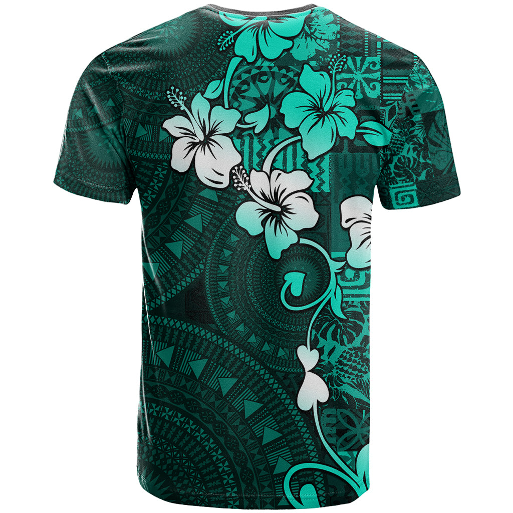 Fiji Masi T Shirt Fijian Hibiscus Tapa Turquoise Version LT01 - Polynesian Pride