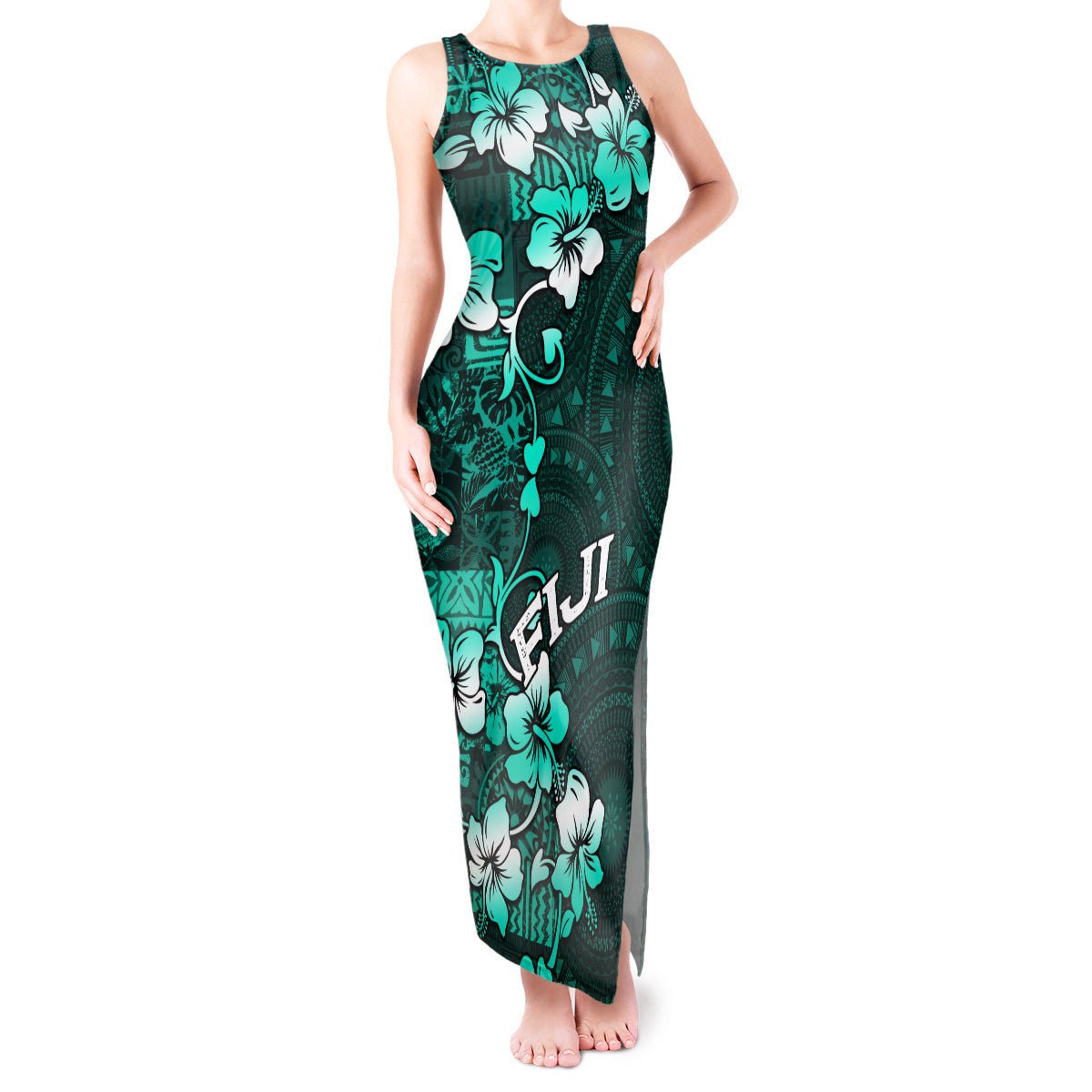 Fiji Masi Tank Maxi Dress Fijian Hibiscus Tapa Turquoise Version LT01 Women Turquoise - Polynesian Pride