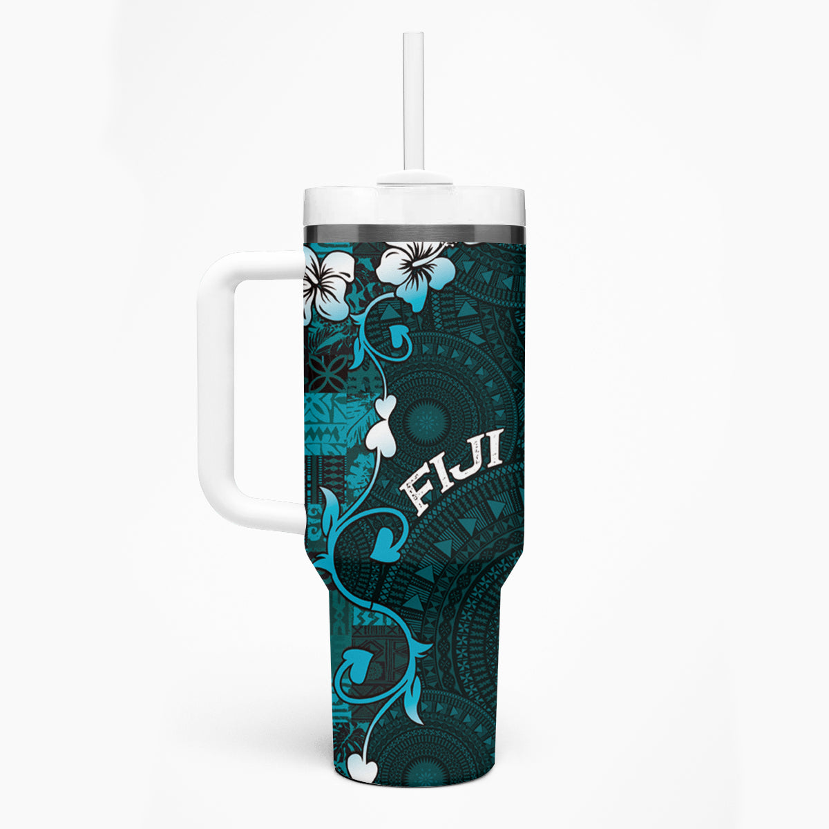 Fiji Masi Tumbler With Handle Fijian Hibiscus Tapa Turquoise Version