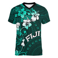 Fiji Masi Women V Neck T Shirt Fijian Hibiscus Tapa Turquoise Version LT01 Female Turquoise - Polynesian Pride