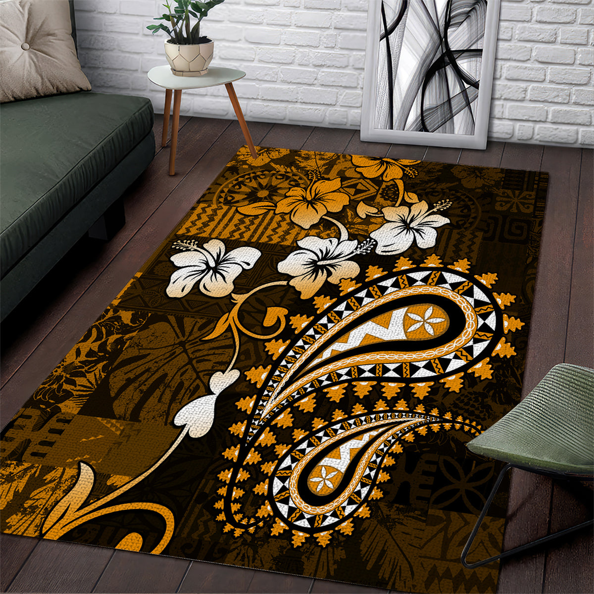 Fiji Masi Paisley With Hibiscus Tapa Area Rug Gold Version LT01 Gold - Polynesian Pride