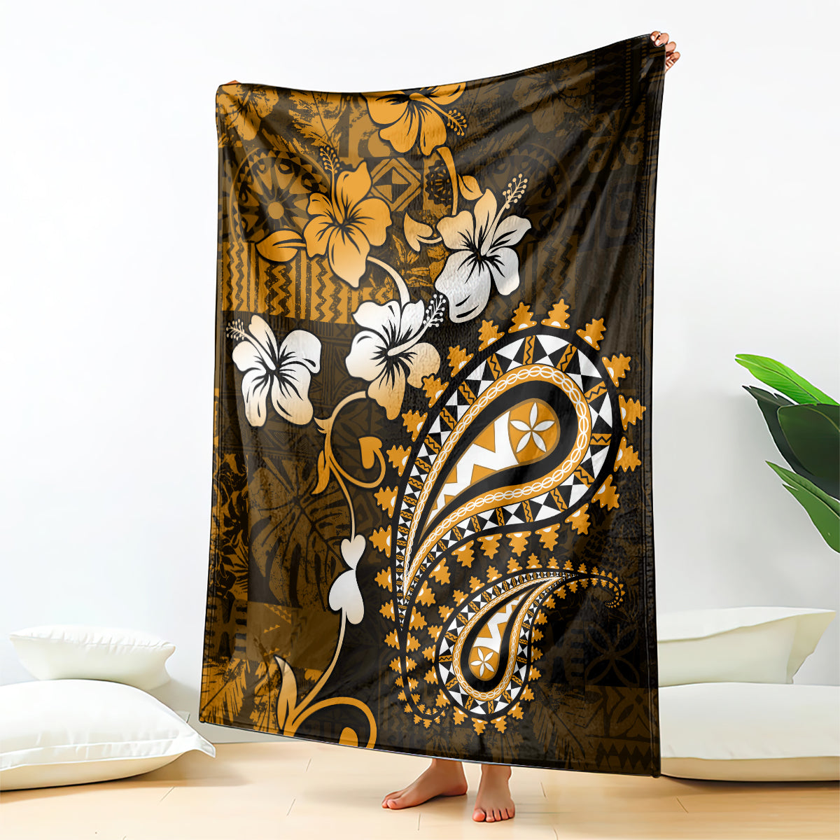 Fiji Masi Paisley With Hibiscus Tapa Blanket Gold Version LT01 Gold - Polynesian Pride