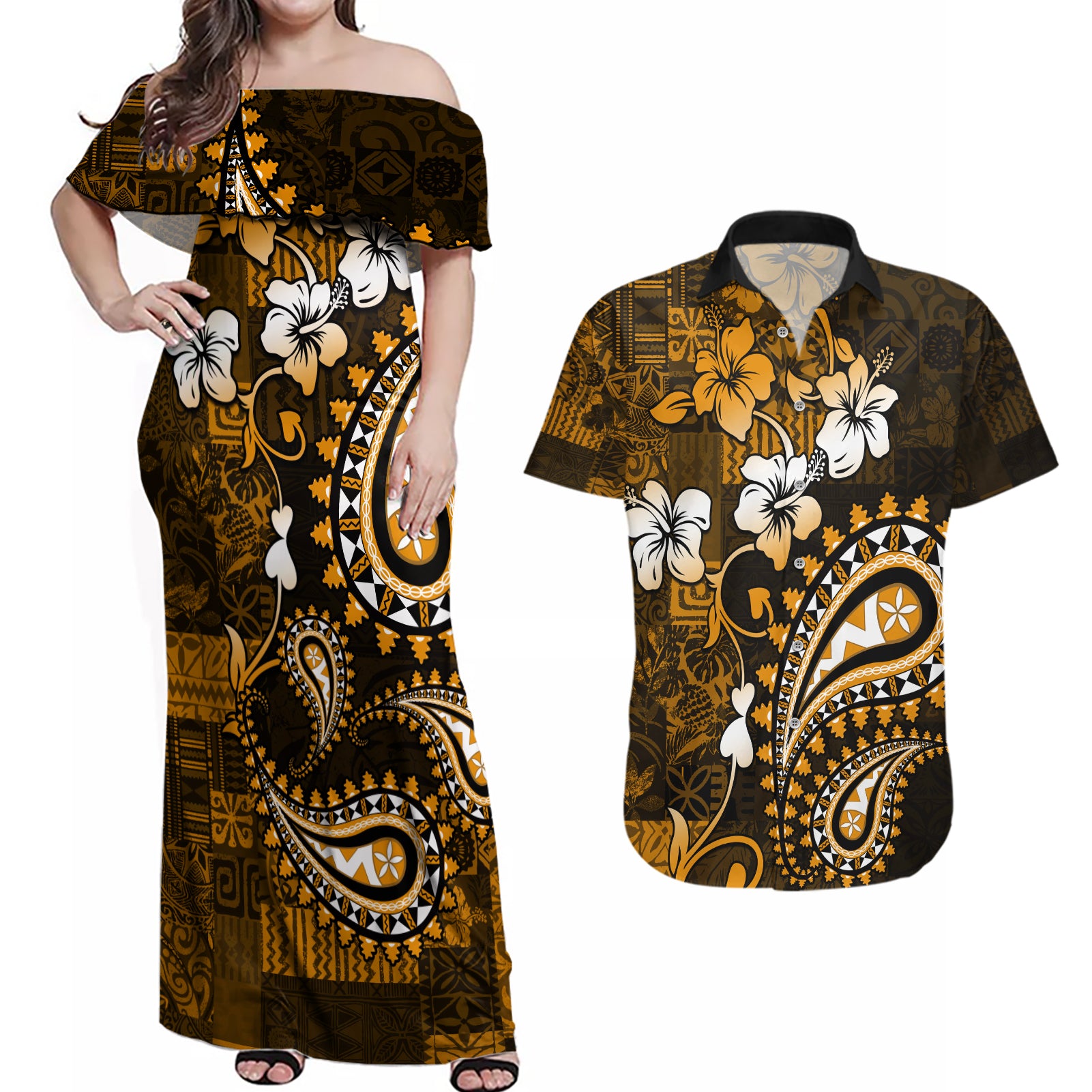 Fiji Masi Paisley With Hibiscus Tapa Couples Matching Off Shoulder Maxi Dress and Hawaiian Shirt Gold Version LT01 Gold - Polynesian Pride