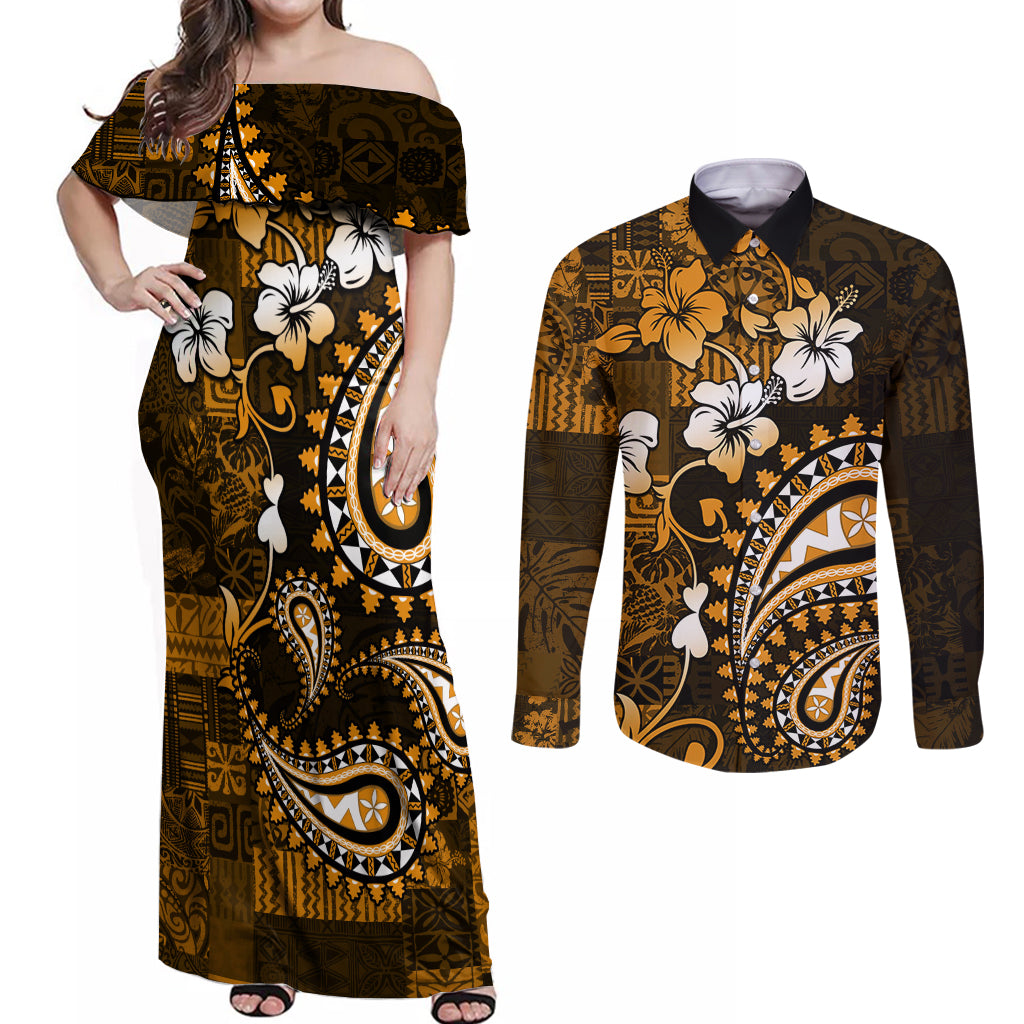 Fiji Masi Paisley With Hibiscus Tapa Couples Matching Off Shoulder Maxi Dress and Long Sleeve Button Shirt Gold Version LT01 Gold - Polynesian Pride