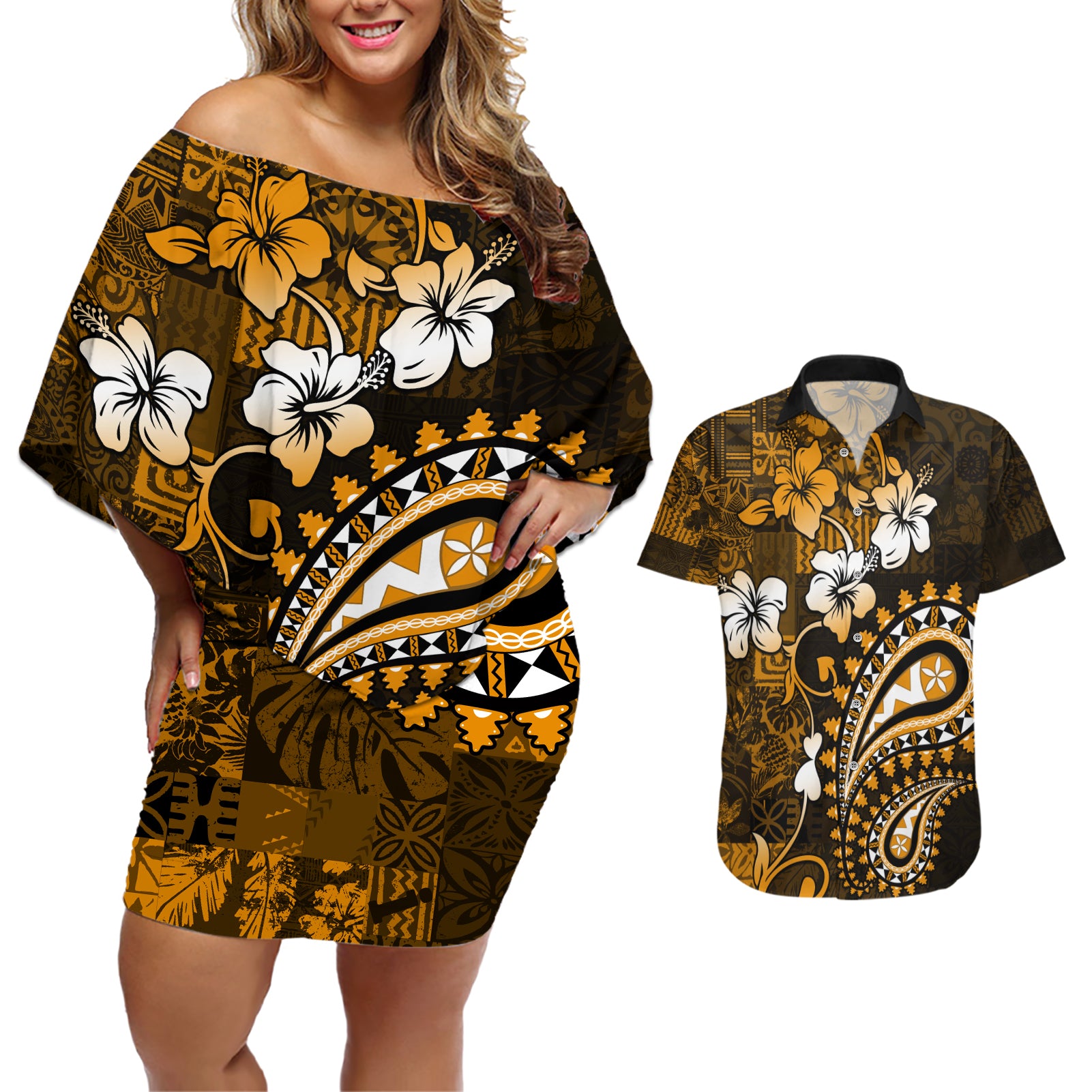 Fiji Masi Paisley With Hibiscus Tapa Couples Matching Off Shoulder Short Dress and Hawaiian Shirt Gold Version LT01 Gold - Polynesian Pride