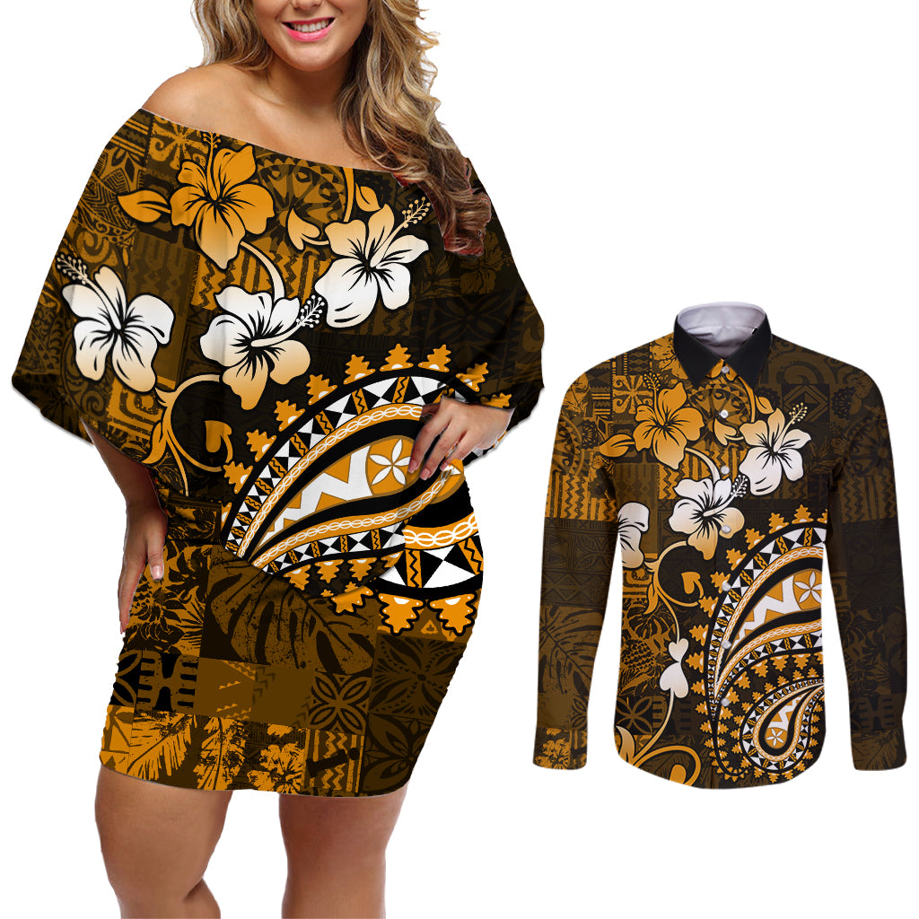 Fiji Masi Paisley With Hibiscus Tapa Couples Matching Off Shoulder Short Dress and Long Sleeve Button Shirt Gold Version LT01 Gold - Polynesian Pride