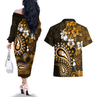 Fiji Masi Paisley With Hibiscus Tapa Couples Matching Off The Shoulder Long Sleeve Dress and Hawaiian Shirt Gold Version LT01 - Polynesian Pride