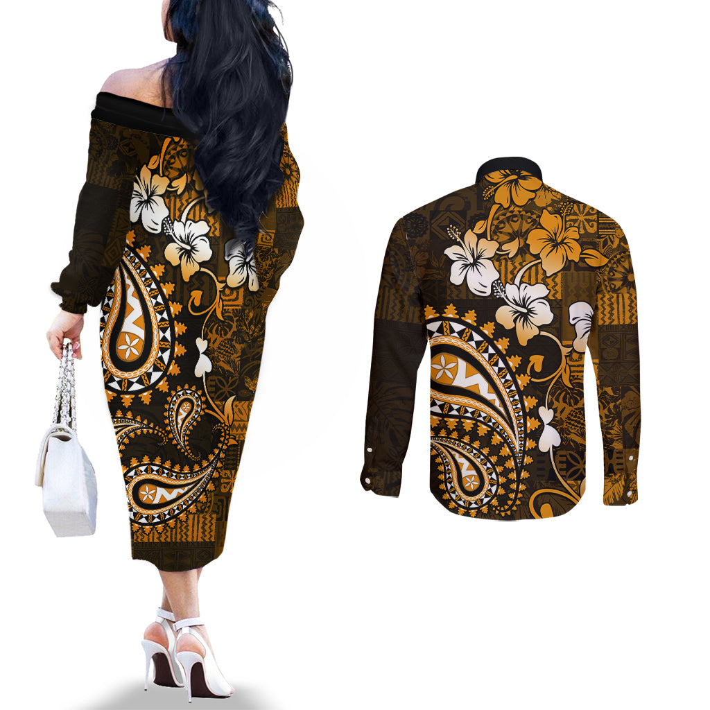 Fiji Masi Paisley With Hibiscus Tapa Couples Matching Off The Shoulder Long Sleeve Dress and Long Sleeve Button Shirt Gold Version LT01 - Polynesian Pride
