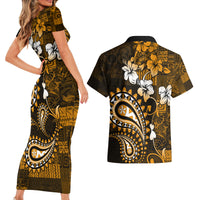 Fiji Masi Paisley With Hibiscus Tapa Couples Matching Short Sleeve Bodycon Dress and Hawaiian Shirt Gold Version LT01 - Polynesian Pride