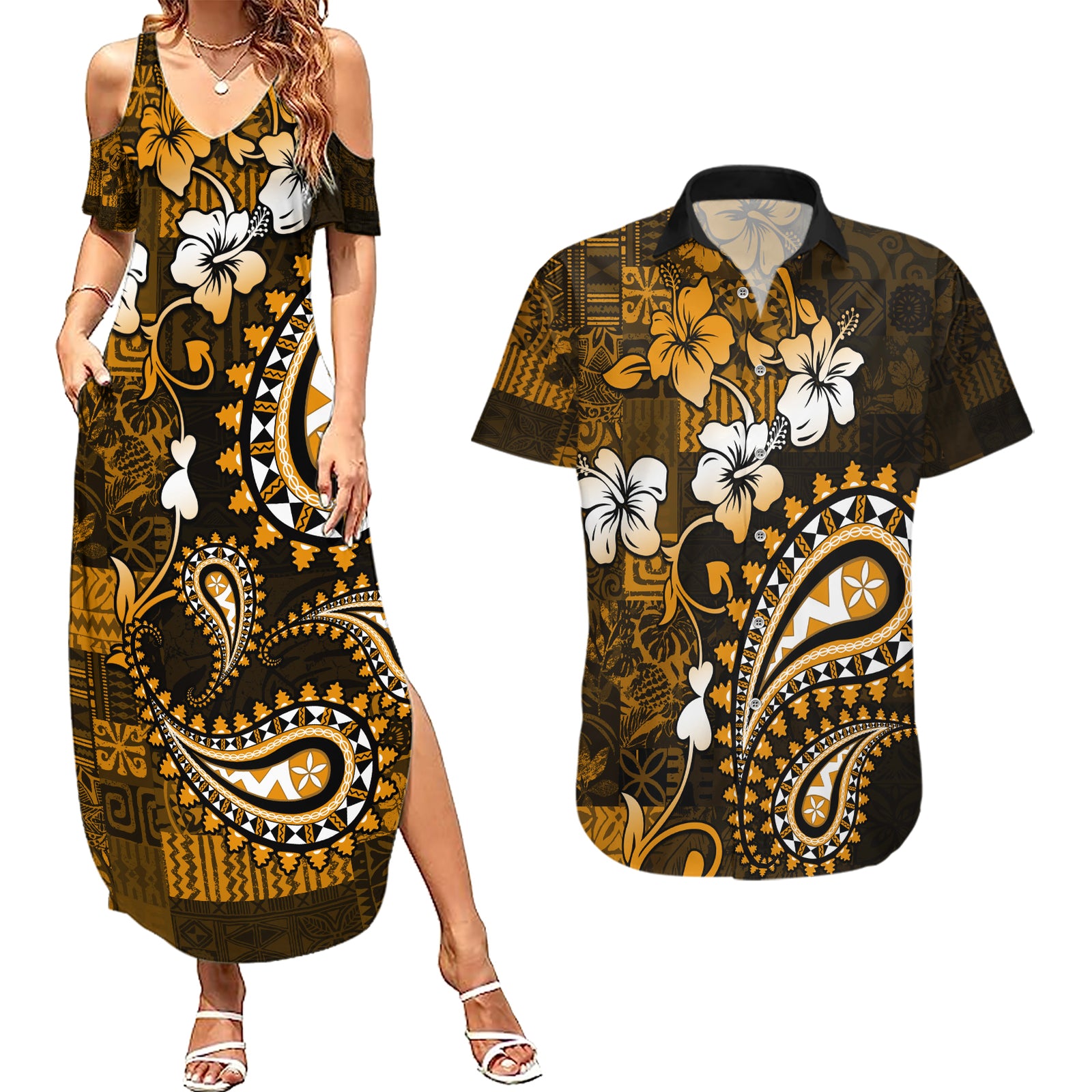 Fiji Masi Paisley With Hibiscus Tapa Couples Matching Summer Maxi Dress and Hawaiian Shirt Gold Version LT01 Gold - Polynesian Pride