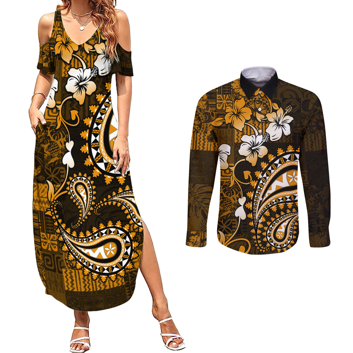 Fiji Masi Paisley With Hibiscus Tapa Couples Matching Summer Maxi Dress and Long Sleeve Button Shirt Gold Version LT01 Gold - Polynesian Pride