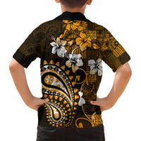 Fiji Masi Paisley With Hibiscus Tapa Family Matching Off Shoulder Long Sleeve Dress and Hawaiian Shirt Gold Version LT01 - Polynesian Pride