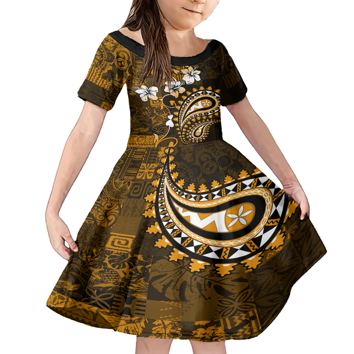 Fiji Masi Paisley With Hibiscus Tapa Family Matching Off Shoulder Long Sleeve Dress and Hawaiian Shirt Gold Version LT01 Daughter's Dress Gold - Polynesian Pride