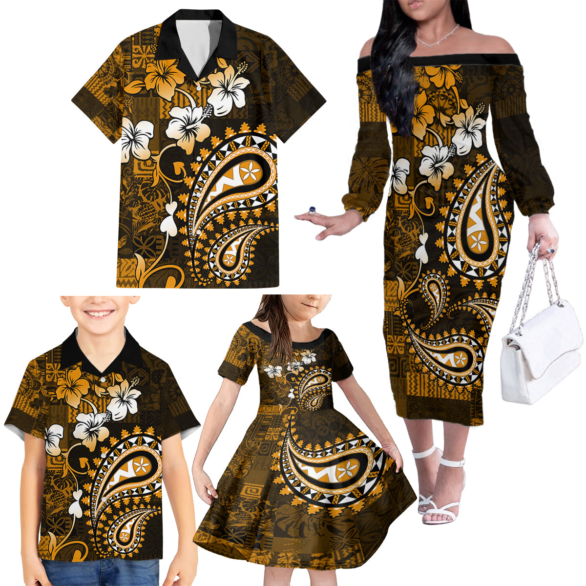 Fiji Masi Paisley With Hibiscus Tapa Family Matching Off Shoulder Long Sleeve Dress and Hawaiian Shirt Gold Version LT01 - Polynesian Pride